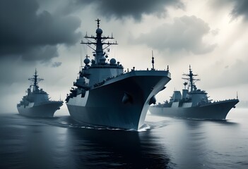 A navy warship with multiple antennas and radar systems on the deck, surrounded by other navy ships in the water under a cloudy sky - obrazy, fototapety, plakaty