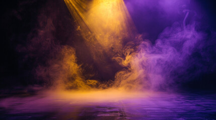 A stage covered in pastel yellow smoke under a deep purple spotlight, giving a gentle, soothing appearance.