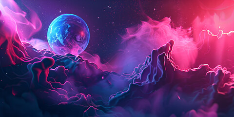 A vibrant purple and pink planet with a captivating blue sphere at its center