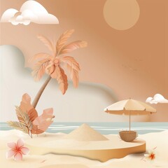 A graceful palm tree stands tall on the sandy beach, complemented by a chic umbrella. The contrast of tints and shades adds an artistic touch to the seaside scene