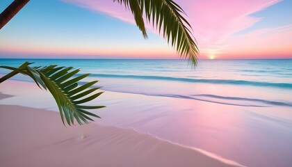 A tropical beach scene with a palm tree frond in the foreground, reflecting in the calm, turquoise waters of the ocean under a pastel pink and blue sky