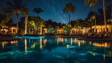 Nighttime Oasis, Exploring a Luxurious Tropical Resort Pool Under the Stars.