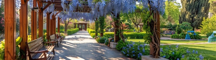 Purple wisteria floral background, best for web, banner, travel, and tranquil background.