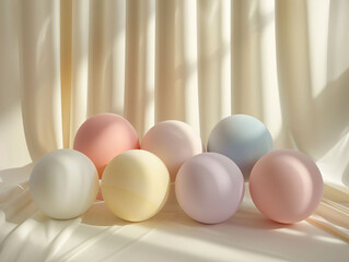 Muted Spheres on White, Soft Light Background. A collection of matte spheres in muted pinks, blues, and yellows, balanced delicately on a stark white background, bathed in soft natural light