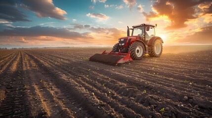 Tractor plowing the field at sunset, agricultural machinery working in the farmland. 