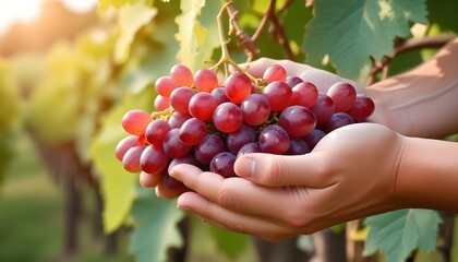 Hands holding a bunch of fresh, ripe red grapes in a vineyard with blurred green foliage in the background