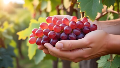 Hands holding a bunch of fresh, ripe red grapes in a vineyard with blurred green foliage in the...