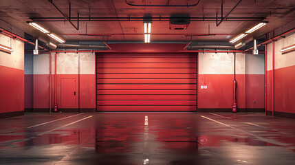 A red underground parking garage with a large red door.