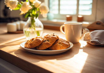 Sunny Morning Breakfast Lifestyle - Croissants, Coffee/Tea, White Roses on Modern Kitchen Countertop