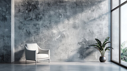 A single white armchair sits in the center of a large, empty room. The concrete walls are bare and the floor is a light grey. There is a large plant in the corner of the room.