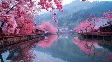 Cherry blossom in japan mountain lake village