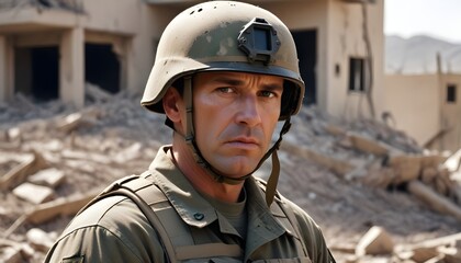 A military man with short brown hair wearing a military helmet and camouflage uniform, looking intensely focused in a war-torn environment