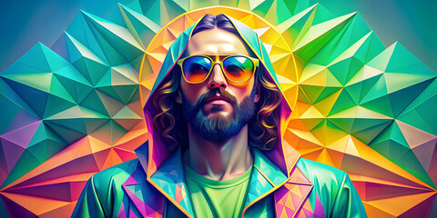 His digital portrait of a long-haired, bearded man in bright colours against a geometric background, wearing sunglasses and a colourful jacket, gives his look a modern, almost psychedelic feel.AI gene - obrazy, fototapety, plakaty