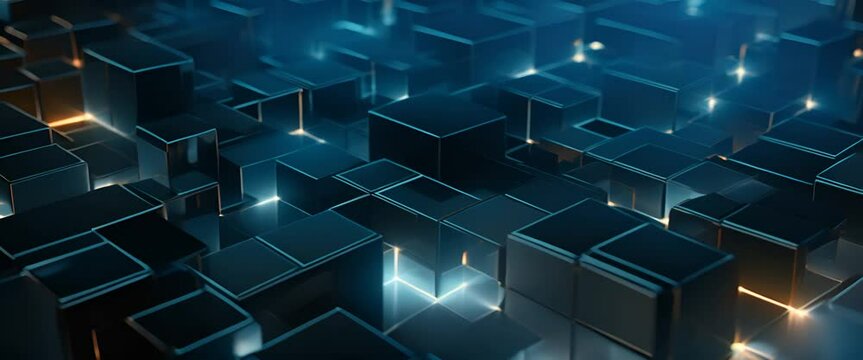 High-tech 3D squares integrating into a dark-toned, geometric security system,