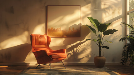 A single orange armchair sits in a room with a large plant and a painting on the wall. The room is lit by warm sunlight.
