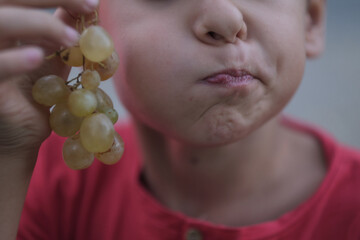 A close-up captures a young boy puckering his lips playfully while holding a bunch of grapes,...