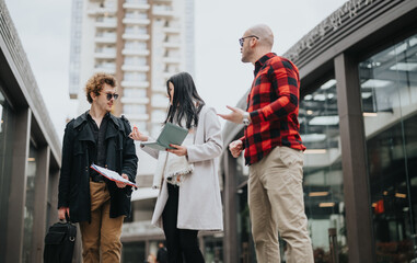 Three entrepreneurs engaged in a serious discussion outdoors with notepads and casual attire.