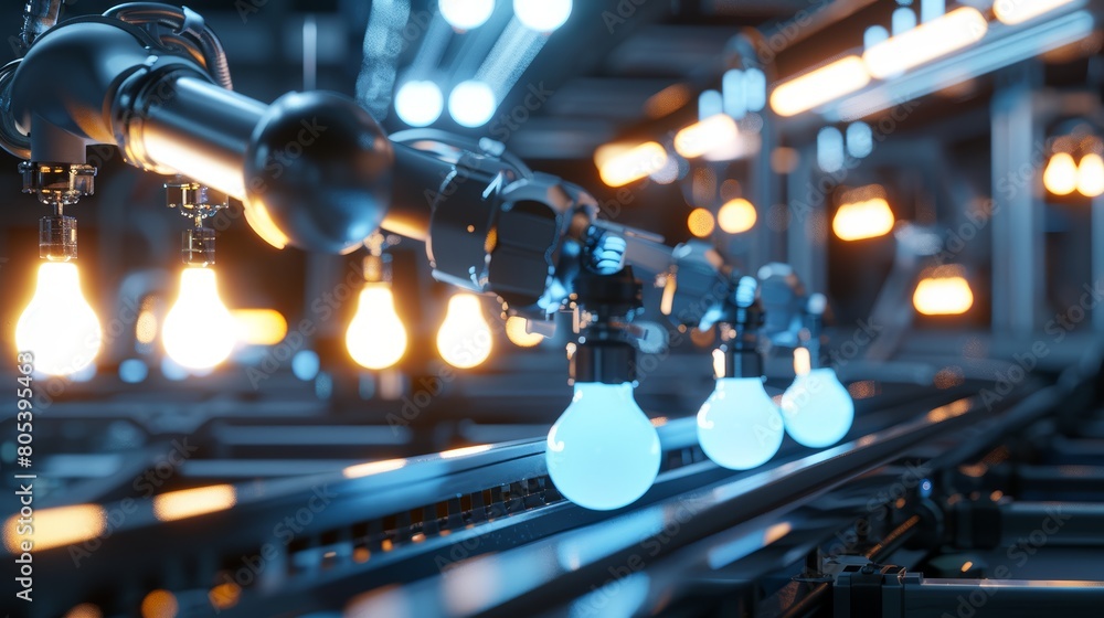 Poster 3d illustration of a modern factory machine with a conveyor belt and robotic arm sorting light bulbs