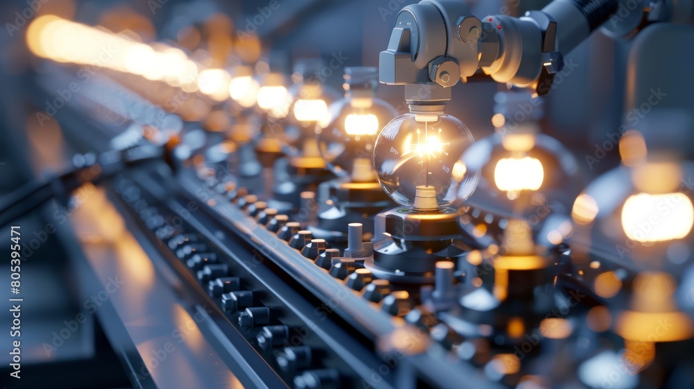 Poster 3d illustration of a modern factory machine with a conveyor belt and robotic arm sorting light bulbs