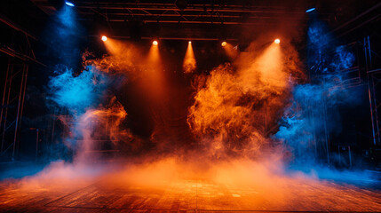 A stage with swirling amber smoke under a deep blue spotlight, setting a warm, inviting mood.