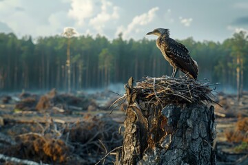 Juvenile bird standing alert on a twiggy nest on a stark tree stump, against a backdrop of deforestation and remaining trees, concept of environmental resilience and survival. - obrazy, fototapety, plakaty
