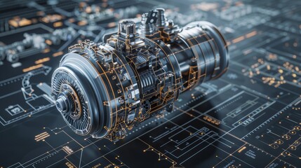 Fototapeta premium 3D model of an engine displayed above detailed engineering schematics, highlighting mechanical design precision, close-up