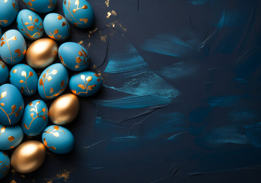 Beautifully Decorated Blue and Gold Easter Eggs, Holiday Frame Composition - Flat Lay Festive Background with Painted Oviform Ornaments
