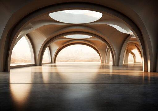 Abstract Futuristic Modern Architecture 3D Render - Concrete Floor, Contemporary Urban Design, Sci-Fi Building Concept