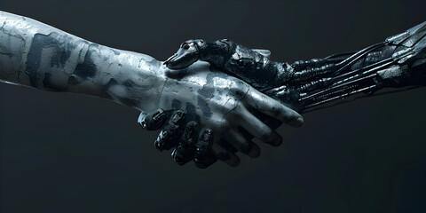 A human and a robot shaking hands in a friendly gesture