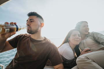 Carefree adults having fun and relaxing together on a boat trip across a tranquil lake during their...