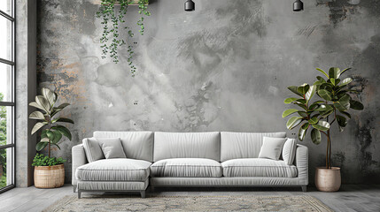 /imagine: prompt: A living room with a large white sectional couch, two windows, and plants in the...