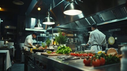 Commercial kitchen with chefs cooking, professional job - Powered by Adobe