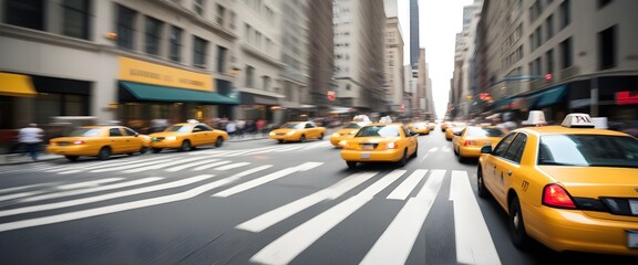 A busy city street with yellow taxi cabs speeding through the intersection, creating motion blur. The buildings in the background suggest a dense urban environment