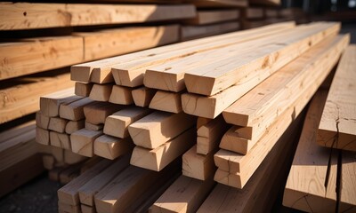 Stacks of wooden planks or beams in a construction site