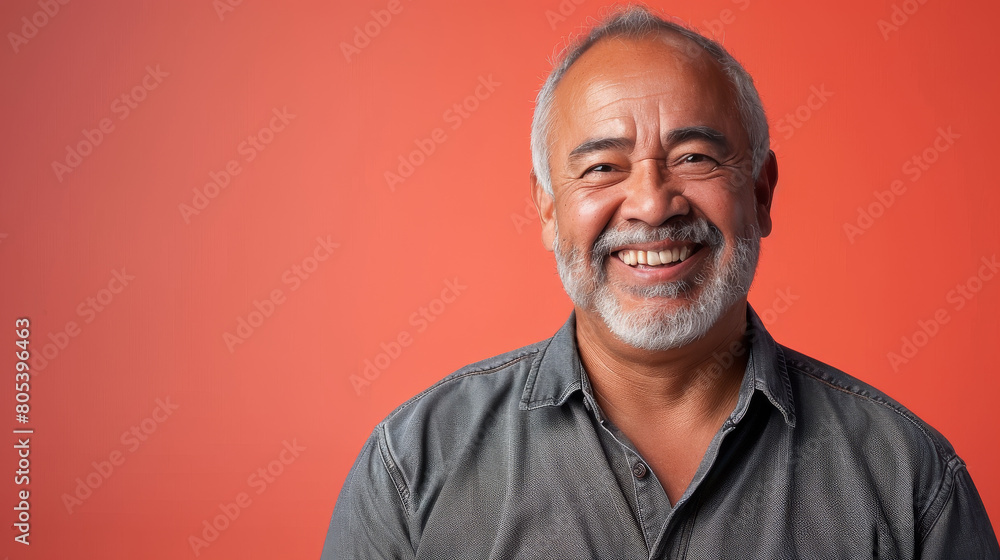 Poster a man with a big smile on his face is standing in front of a red background