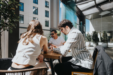 Obraz premium Three business professionals engaging in a meeting at an outdoor table in an urban environment.