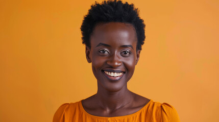 A woman with a short haircut and a bright orange shirt is smiling