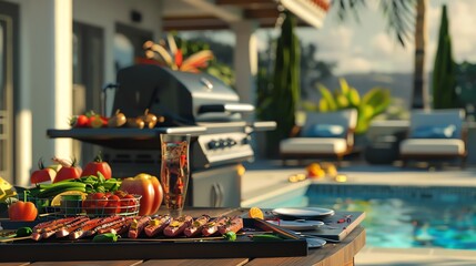 Summer poolside BBQ gathering with delicious grilled dishes and joyful atmosphere