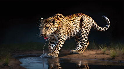 Beautiful illustration of a leopard drinking water from a puddle. Majestic giant cat in blue light.