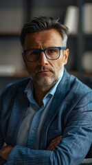 Obraz premium Real estate agent, middle aged Caucasian male, dressed in smart blue blazer and glasses, portraying concentration loft interior