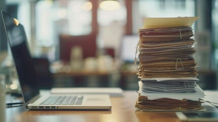 Closeup of stack of papers and laptop computer on wooden desk in office