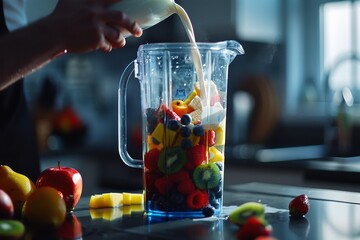 A person pouring fresh milk into a blender filled with colorful mixed fruits.