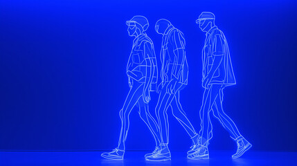 Silhouetted human figures against a background of neon blue outlines, depicting dynamic movement and futuristic style