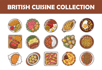 British cuisine top view vector illustration set