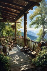 Mountain Cabin Porch Hikers Pause for Refreshment Amidst Scenic Vista