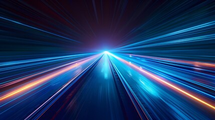 Blue technology light speed background with blue and white lines, dark night sky with road to the horizon, motion blur effect. A high speed car or train moving fast on the highway with a motion 