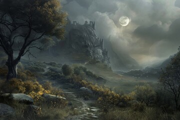 A dark and gloomy landscape with a castle in the distance