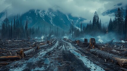 Forested mountains with mist and remnants of a burnt forest in the foreground, reflecting the aftermath of forest fires, Concept of natural disasters and recovery efforts