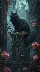 A black cat is sitting on a stone pedestal in a dark forest. The cat is surrounded by pink roses.