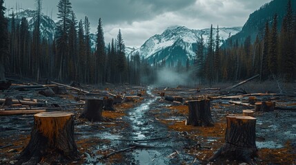Serene but somber scene of a deforested area under overcast sky, stumps and logs foregrounding snow-capped mountains, Concept of climate change and ecology
